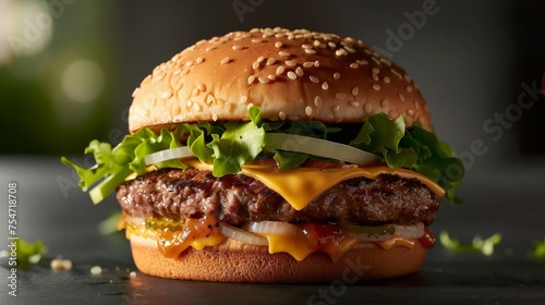 Gourmet Cheeseburger With Fresh Toppings on Dark Background