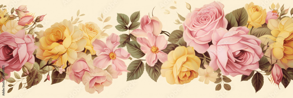 vintage banner with yellow and pink roses. Watercolor drawing background. Delicate floral arrangement for greeting or postcard.