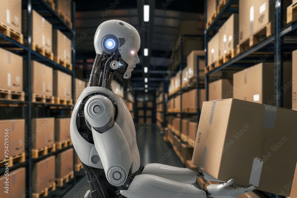 robot works in the warehouse as a sorter and loader. detailed realistic humanoid robotics, artificial human. robot works in the warehouse as a sorter and loader. detailed realistic humanoid robotics, artificial human.