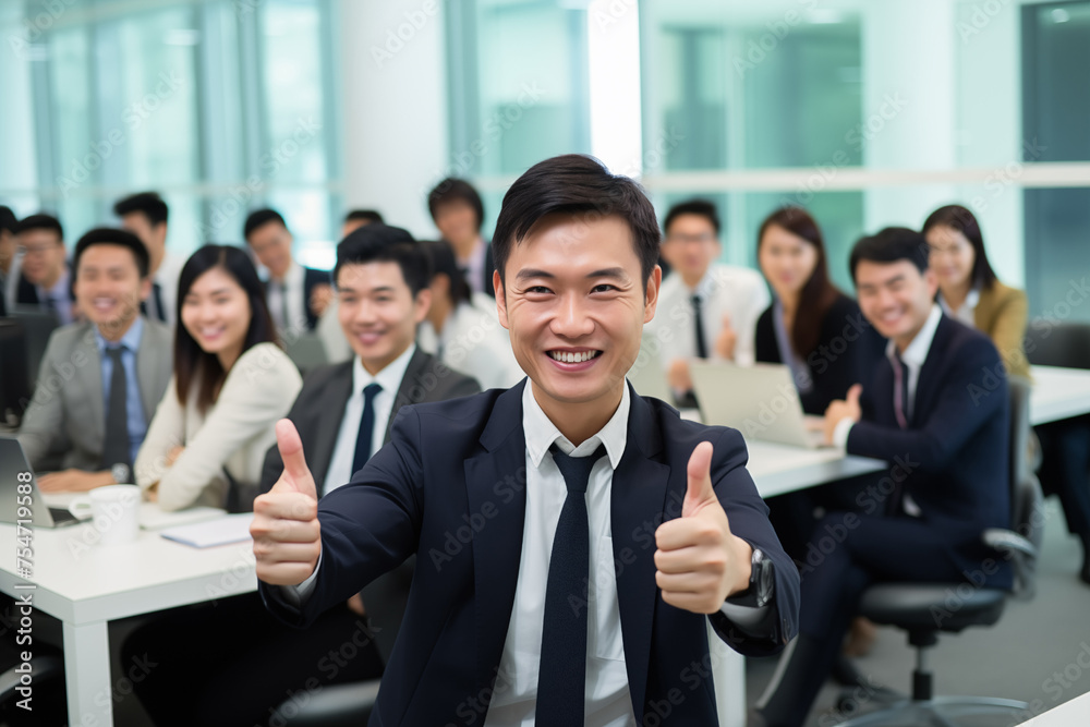 male Asian office worker shows a thumbs up while sitting at a desk in the workplace. male Asian office worker shows a thumbs up while sitting at a desk in the workplace.