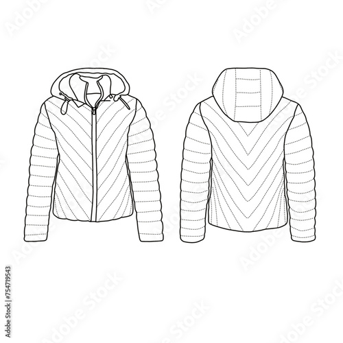 Template vector illustration hand drawn of Puffed Quilted Jacket line art, front and back view, isolated on white background for kids coloring book.