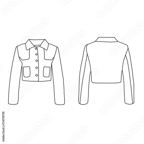 Template vector illustration hand drawn of women Tweed Buttoned Jacket with two pocket line art, front and back view, isolated on white background for kids coloring book.