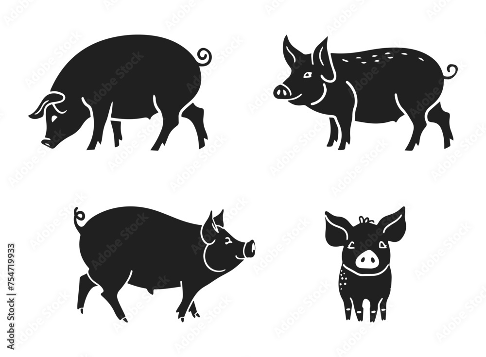 Fototapeta premium Pig vector illustration. Pork hand drawn black on white background. Farm animal decorative silhouette
