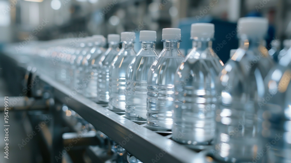 Bottles of water are being produced on a conveyor belt Bottles of water are being produced on a conveyor belt