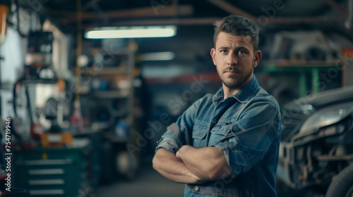 A man in a blue jacket stands in a garage with his arms crossed