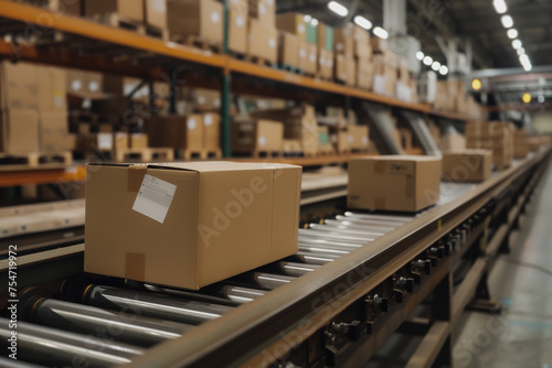 A conveyor belt in a warehouse with boxes on it © photobyphotoboy