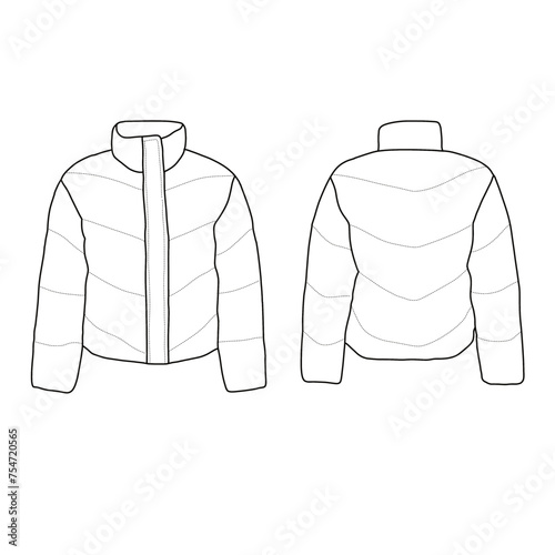 Template vector illustration hand drawn of women Quilted Puffer Jacket line art, front and back view, isolated on white background for kids coloring book.