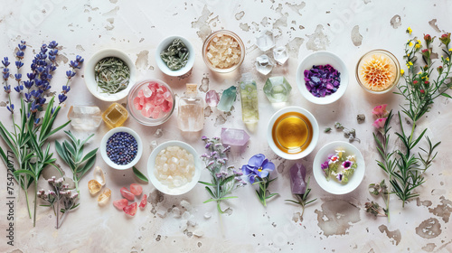 An array of colorful aromatherapy ingredients symmetrically arranged, featuring flowers, herbs, and crystals