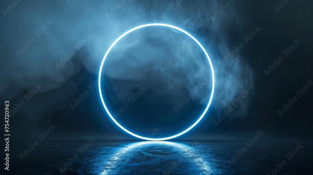 Neon blue color geometric smoke circle on dark background Neon blue color geometric smoke circle on dark background