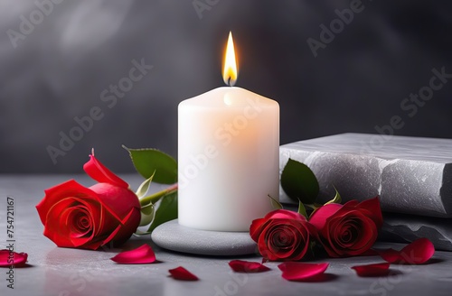 White candle with a rose and flowers petals on grey stone panoramic background with copy space, funeral web banner 