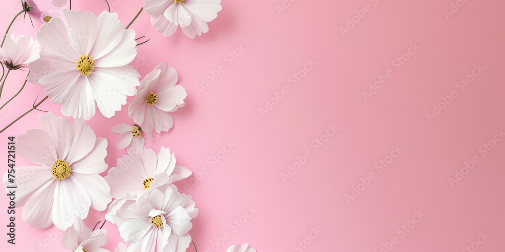 white daisy flowers on pink background , banner, empty space for text, minimalist composition white daisy flowers on pink background , banner, empty space for text, minimalist composition