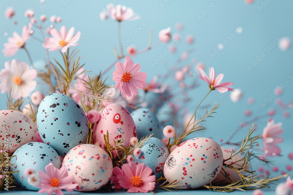 A bunch of eggs and flowers on a blue background. The eggs are painted in different colors and sizes, and the flowers are pink. Scene is cheerful and playful, as it seems like a fun