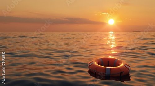 Orange lifebuoy floating at sea sunset sunrise