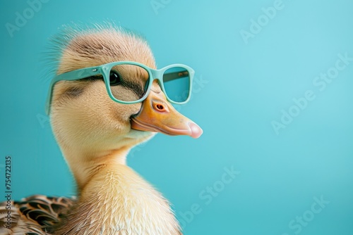 photo portrait of a duck in green glasses on a pastel turquoise background. empty space for text. Banner. Bird, animal © Al