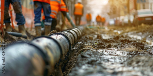 Workers install underground pipes for water, sewerage electricity and fiber optics for the population of an urban center. Construction of drinking water plumbing pipeline repair in winter time concept