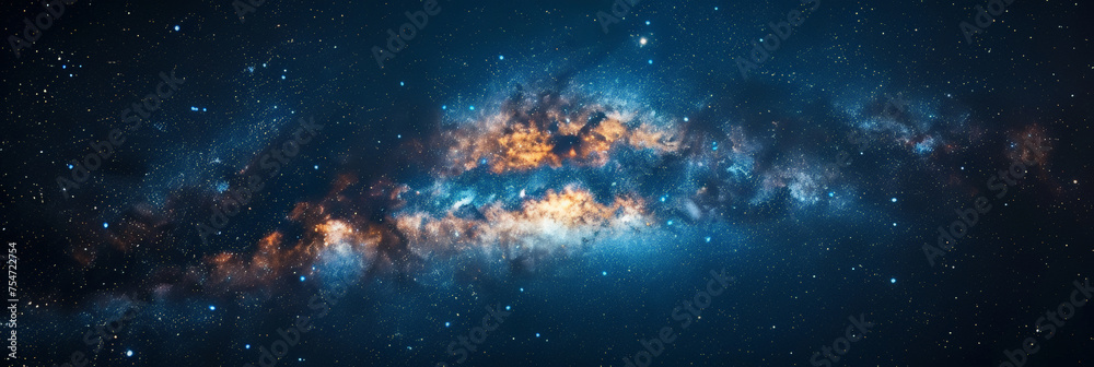 background with space, Clouds streak across the Milky Way, galaxy with stars on night starry sky Panorama view universe space,blue space galaxy , nebula, cosmos banner poster background 