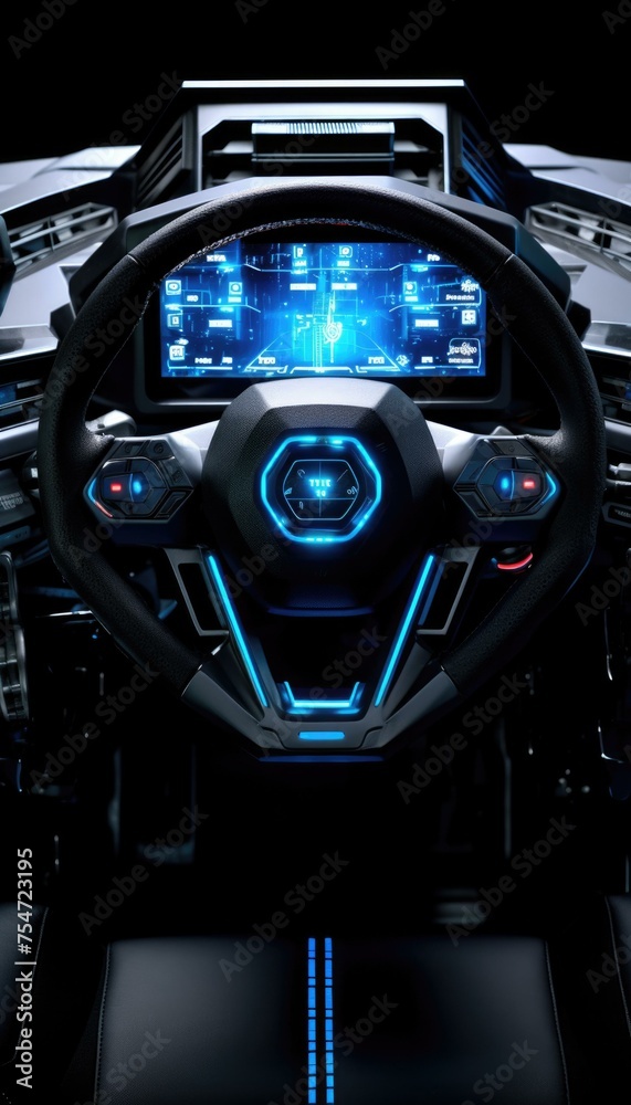 A sleek sports car with obsidian black alloy and ice blue LED trims, giving it a futuristic dashboard feel. Generative AI.