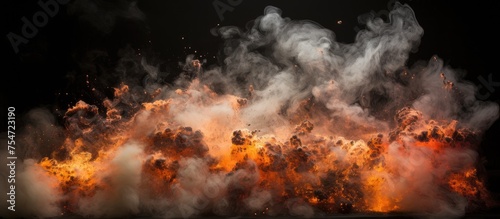 A large amount of orange and white smoke billowing on a black background, likely resulting from fire crackers igniting. The smoke appears thick and dramatic, filling the space with vibrant hues