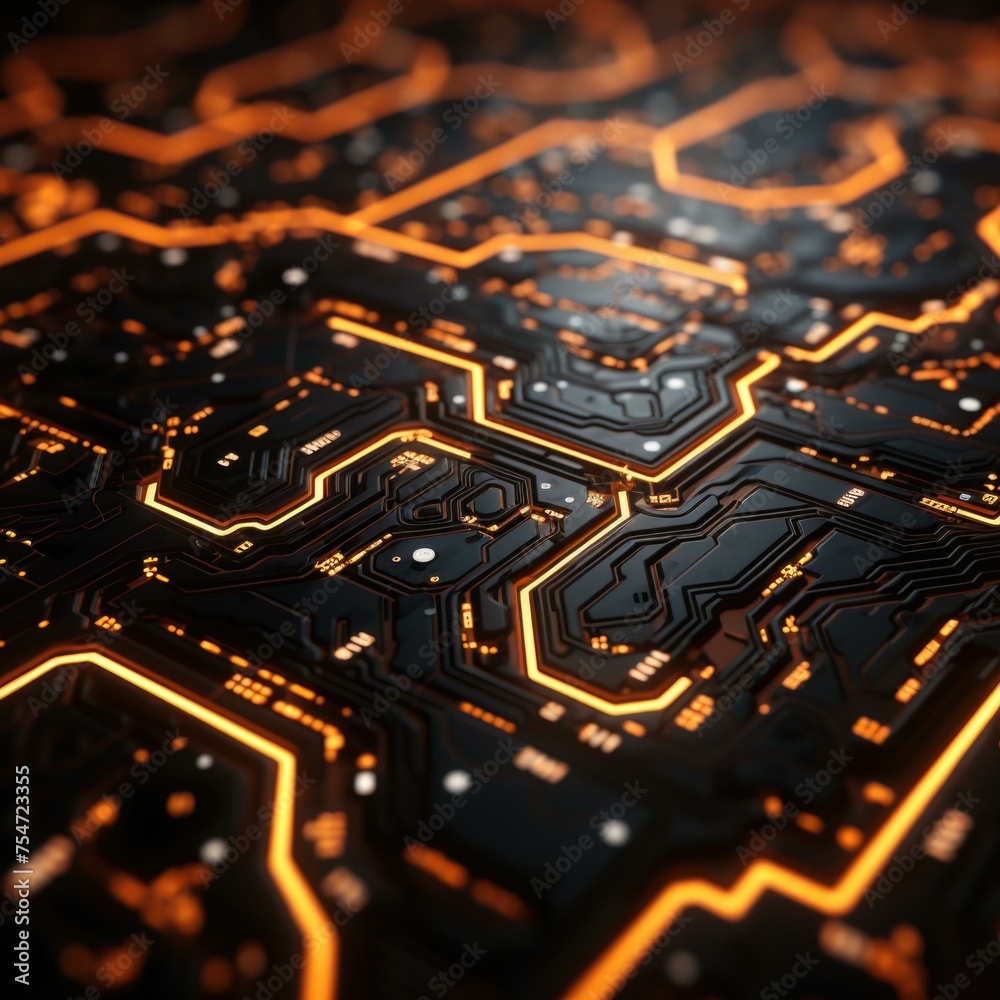 A vibrant circuit board with glowing orange lights, resembling digital lava flows. Perfect for dynamic, energy-focused designs. Generative AI.