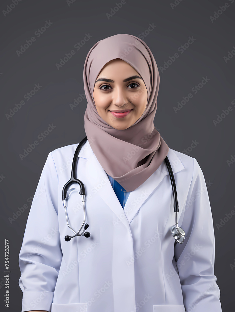 Portrait of muslim woman doctor with head covering, stethoscope around neck looking straight to camera with blank space for text isolated on gray background. 