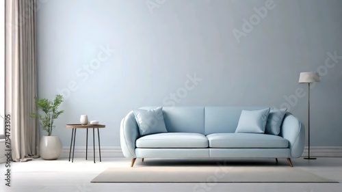 Minimalist and modern interior of living room with light blue sofa and house plant.