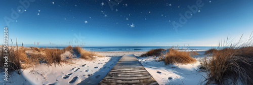 A wooden walkway leading to the beach at night, surrounded by dunes and grasses under a starry blue sky photo