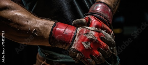 A close-up view of a persons hands wearing bright red gloves, likely worn for protection or warmth. The gloves appear to be snugly fit on the hands, with no visible damage or wear.