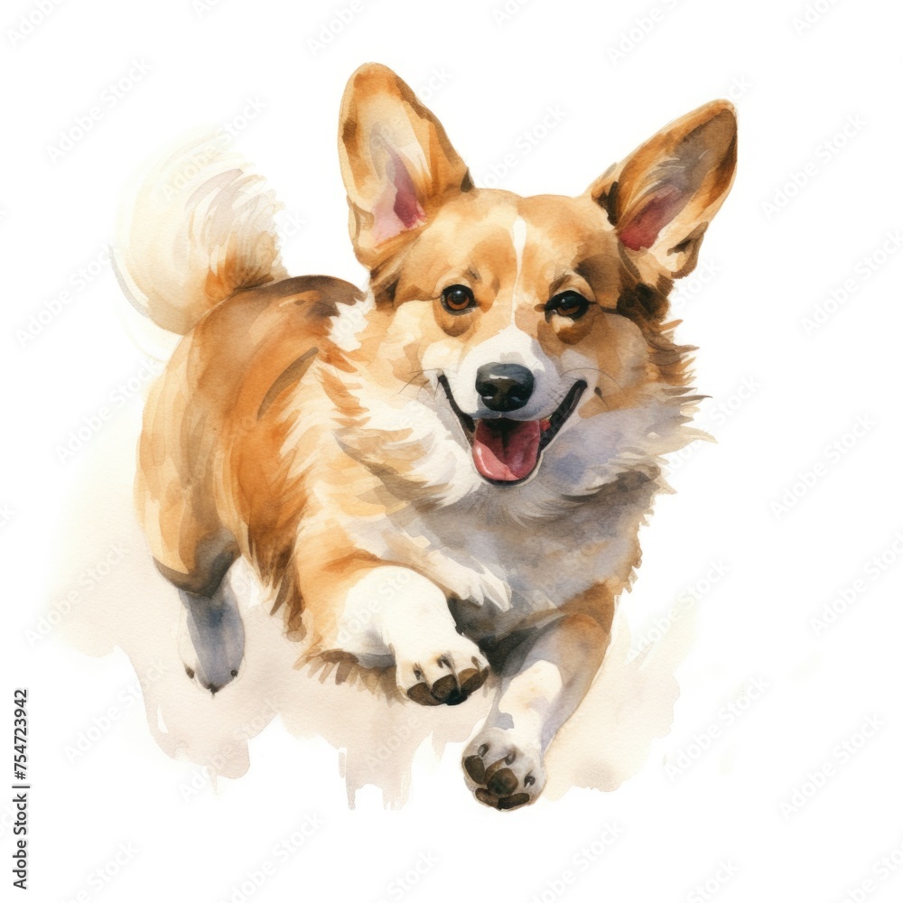 Pembroke welsh corgi dog running watercolor illustration. Cute pet, animal painting