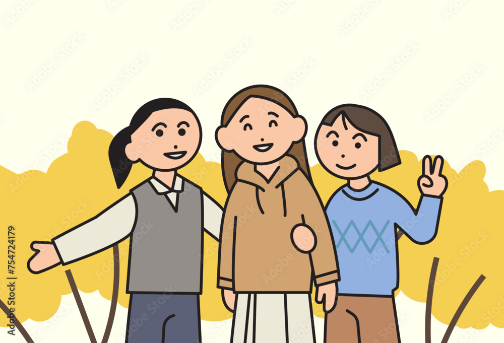 three girls are standing in front of the forsythia bushes. cartoon style vector illustration three girls are standing in front of the forsythia bushes. cartoon style vector illustration