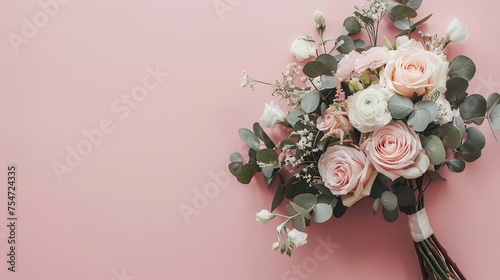 wedding or mothers day background, bouquet over plain pink background with copy space on blank cardgenerative ai, photo