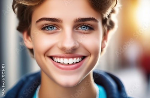 A smiling teenager boy with white teeth, close up. healthy teeth day, dentistry