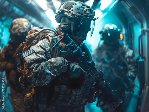 Soldier special forces perform a mission with team. Military concept of the future. 