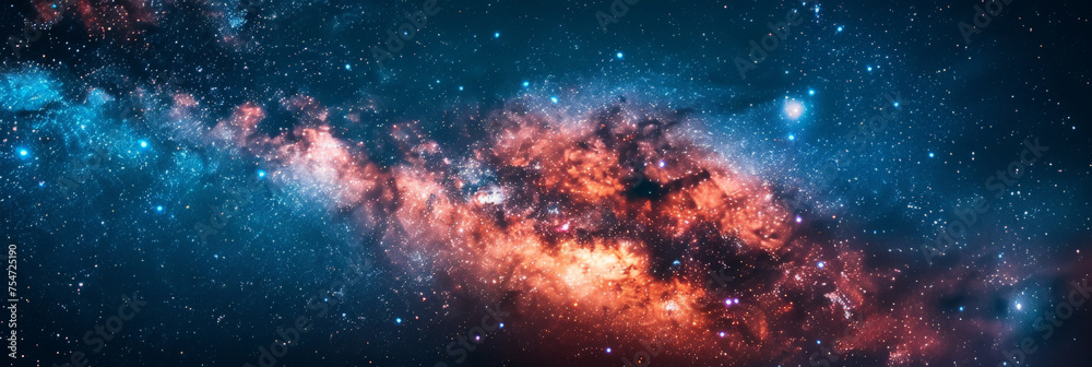 Fototapeta premium background with space sky, Clouds streak across the Milky Way, galaxy with stars on night starry sky Panorama view universe space,blue space galaxy , nebula, cosmos banner poster background