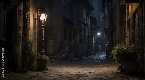 a dark street with only one old lamp ,one book and one plant