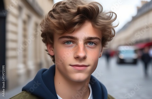 photo of a 15-year-old boy, confident gaze, tousled hair, youthful features, subtle freckles, happy expression, pronounced pointy nose