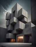 Complex Geometric Architecture, Concrete Cubes in Urban Landscape, Generative AI