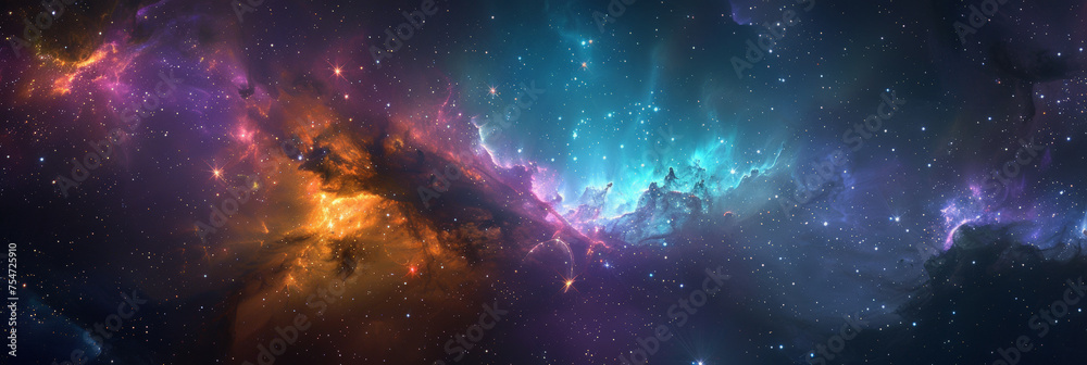 Obraz premium background with space,Clouds streak across the Milky Way, galaxy with stars on night starry sky Panorama view universe space,purple teal blue galaxy nebula cosmos banner poster background 