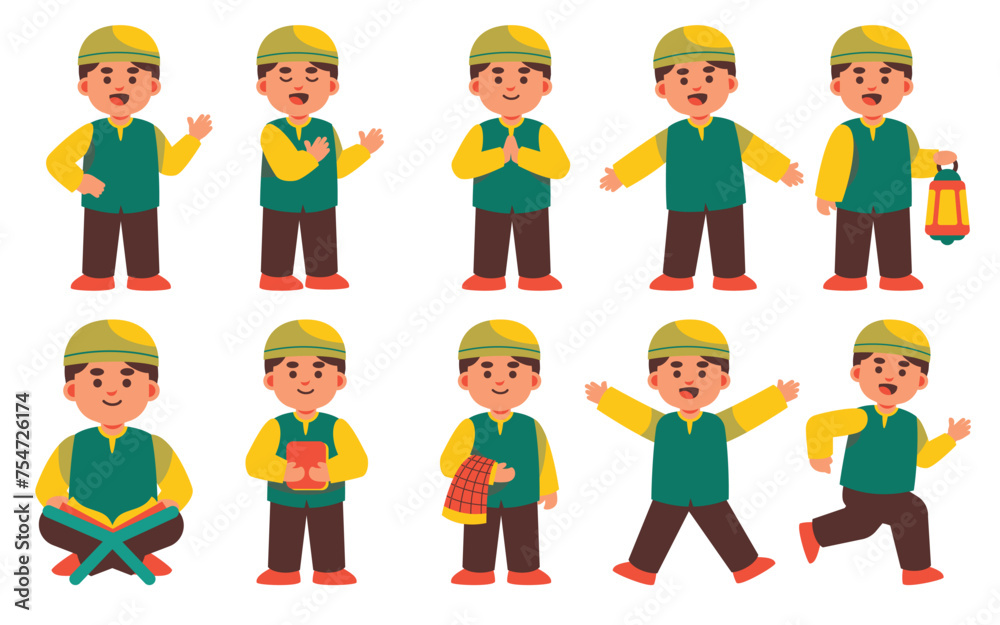 An engaging set of illustrations featuring a Muslim boy in various poses with Islamic attributes, perfect for cultural themes An engaging set of illustrations featuring a Muslim boy in various poses with Islamic attributes, perfect for cultural themes