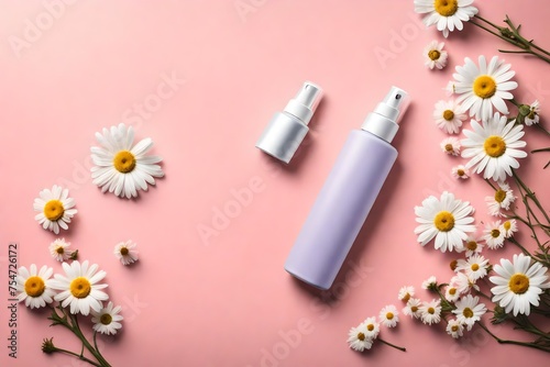 Hair spray bottle placed elegantly on a pastel pink surface, adorned with fresh chamomile daisy flowers. High-definition capture in a flat lay layout with a top view and generous copy space.