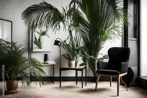 The lens captures the details of a carefully curated interior  featuring a black chair positioned alongside a healthy green palm plant.