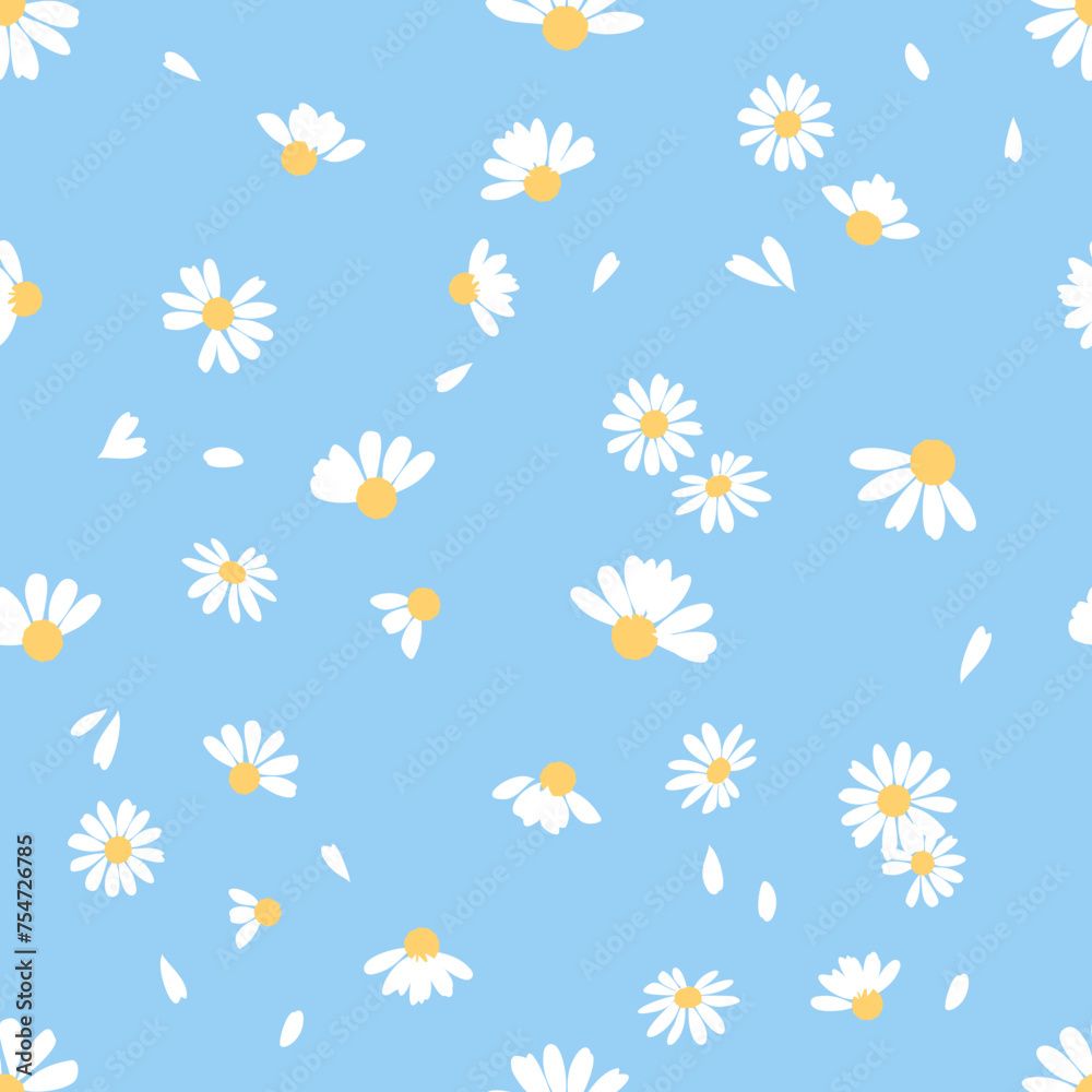 Seamless pattern with cute flower and white heart on blue background vector.