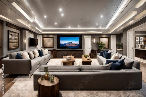 A stylish entertainment room with a large flat-screen TV, surround sound system, and plush seating for the ultimate movie night.