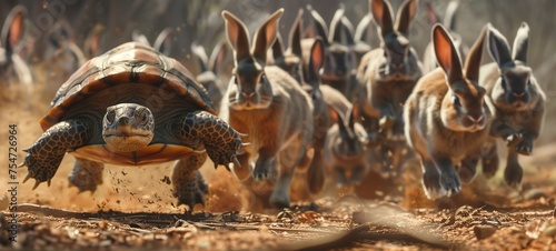 Aesop's fable concept. A turtle leads a pack of racing rabbits, all kicking up dust on a sunlit path, a playful take on the classic tortoise and hare story.
