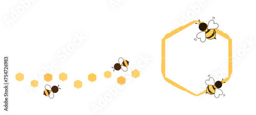 Beehive honey signs with hexagon grid cells and bee cartoons isolated on white background vector.