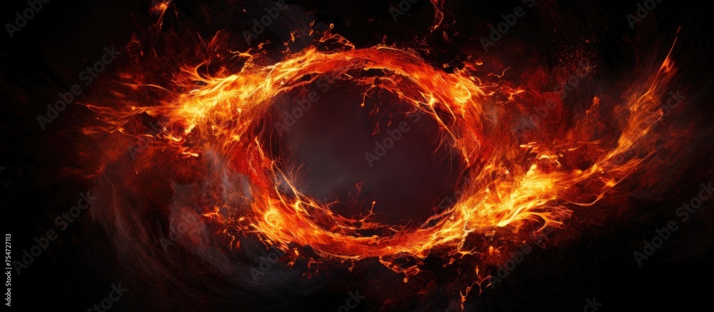 A circular ring of bright red and orange flames burning intensely against a pitch-black backdrop, creating a stark contrast in the dark space. A circular ring of bright red and orange flames burning intensely against a pitch-black backdrop, creating a stark contrast in the dark space.