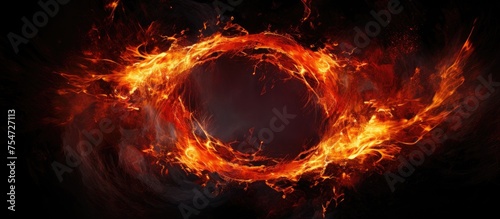 A circular ring of bright red and orange flames burning intensely against a pitch-black backdrop, creating a stark contrast in the dark space.