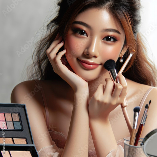Beautiful asian woman applying make up with cosmetic brush. Make up concept.