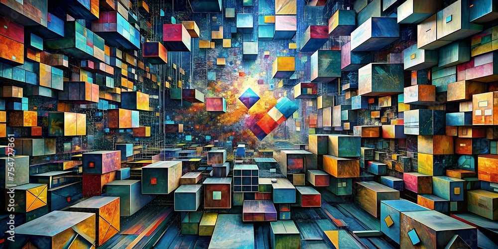 A illustration vibrant painting in a cubist style, depicting fragmented code snippets and data visualizations arranged in a thought-provoking way. - obrazy, fototapety, plakaty 