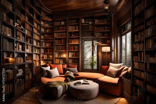 A cozy reading nook in a corner  adorned with warm lighting and floor-to-ceiling bookshelves.