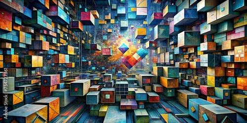 A illustration vibrant painting in a cubist style, depicting fragmented code snippets and data visualizations arranged in a thought-provoking way. photo